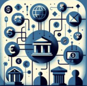 Representa la relación entre el análisis financiero, la regulación y la justicia económica, con gráficos en tonos azules.