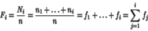 \begin{displaymath}F_i = \frac{N_i}{n} = \frac{n_1 + \dots + n_i}{n} = f_1 + \dots +f_i
= \sum_{j=1}^i \, f_j
\end{displaymath}