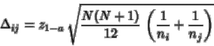 \begin{displaymath}\Delta_{ij}= z_{1-a}\, \sqrt{
\displaystyle \frac{N(N+1)}{12}\, \left(\frac{1}{n_i} + \frac{1}{n_j}\right)
}
\end{displaymath}